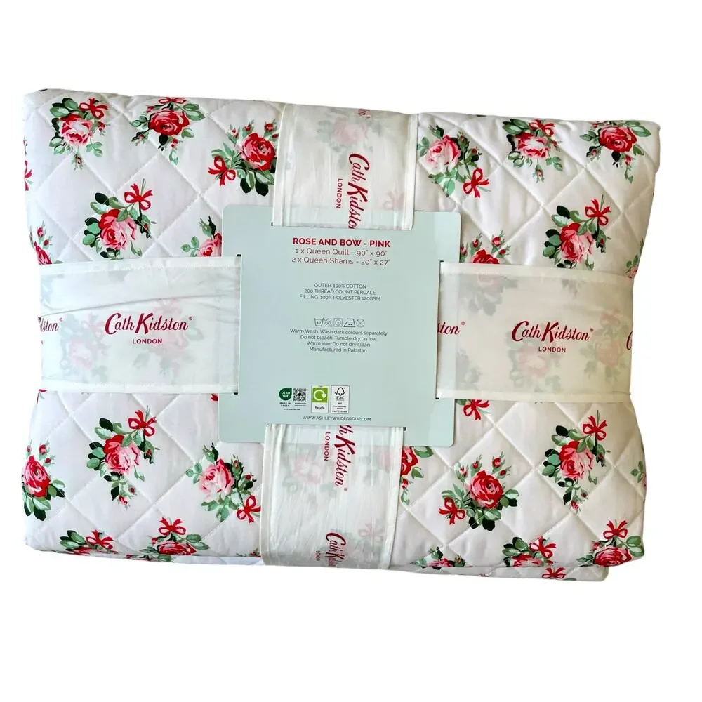 Cath Kidston London 3pc QUEEN Quilt & Sham Set Cottage Rose and Bows Pink NEW